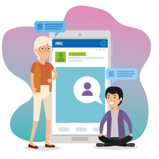 Free vector woman and boy with smartphone and chat profile