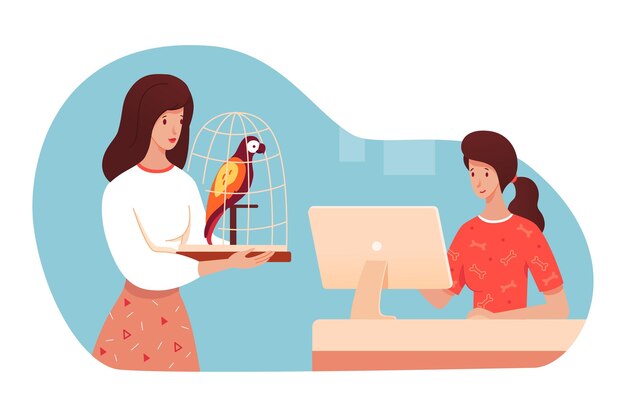여자는 새장에 앉아 있는 아픈 앵무새를 컴퓨터에서 수의사 진료소 관리자에게 데려와 새 방문 전문가가 있는 애완동물 주인에게 자유 시간을 확인합니다.