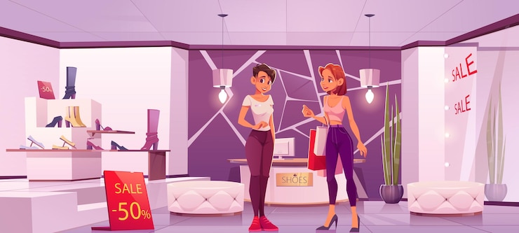 Free Vector woman buying shoes in store, footgear shop sale