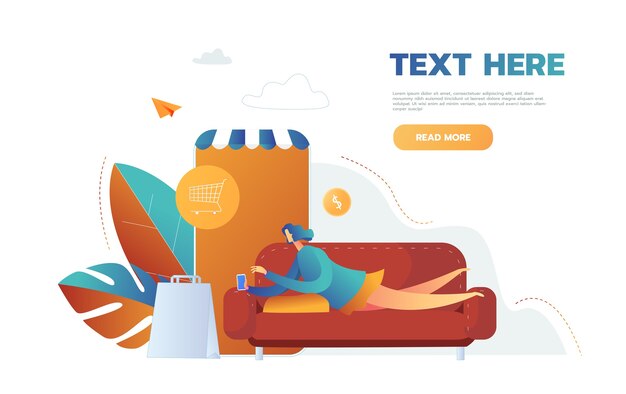 Woman buying things online store in mobile app, vector, lying on the sofa