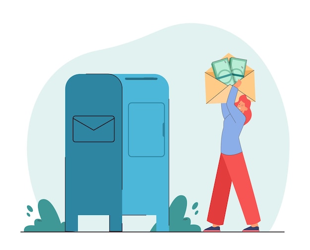 Free vector woman carrying big envelope with money towards mailbox