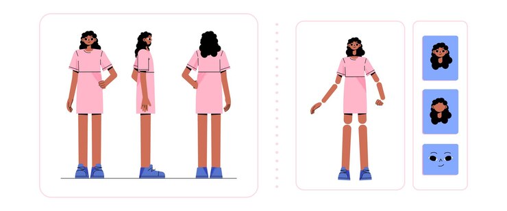 Free Vector woman character for animation side rear front