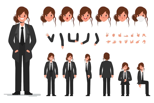 Woman character in black suit constructor for different poses Set of various womens faces