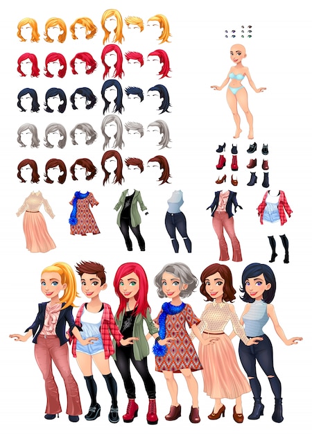 Free vector woman characters with different dresses and hairstyles