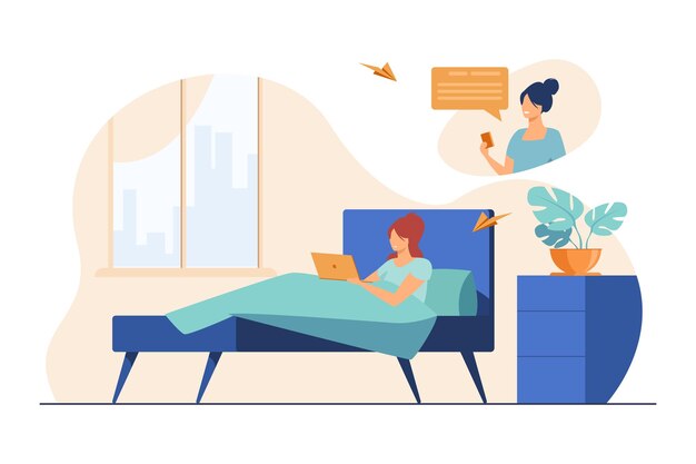 Woman chatting with female friend online at home. Lying in bed, using laptop, day flat illustration