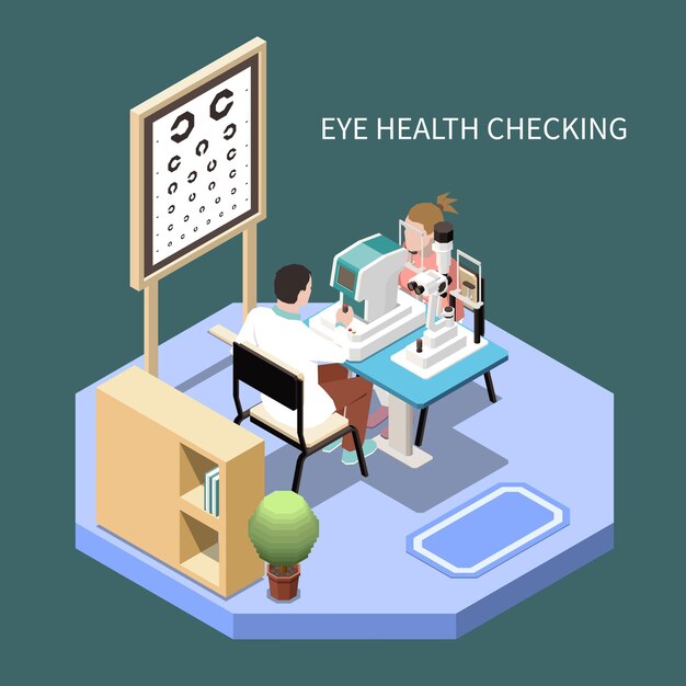 Woman checking eye health in ophthalmology office isometric composition 3d illustration