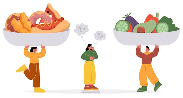 Woman choose between healthy and unhealthy food