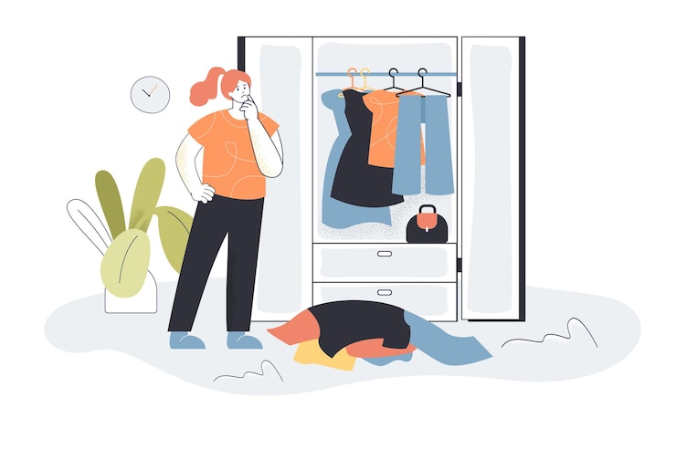 Free Vector woman choosing clothes from wardrobe. female character picking outfit, pile of clothes, closet flat  illustration.
