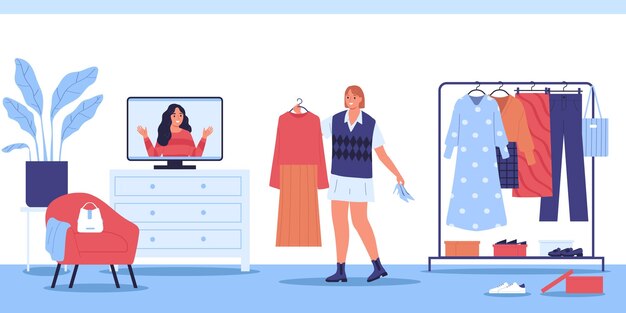 Woman choosing clothing in her wardrobe while watching video of online fashion stylist flat vector illustration