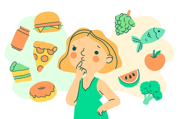 Woman choosing between healthy or unhealthy food illustration