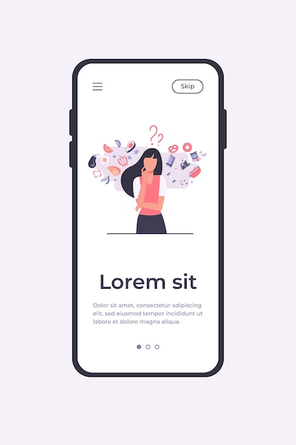 건강하고 건강에 해로운 음식 모바일 앱 템플릿 중에서 선택하는 여성