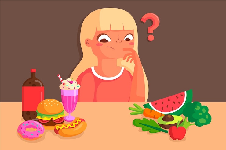 Free Vector woman choosing between healthy or unhealthy food