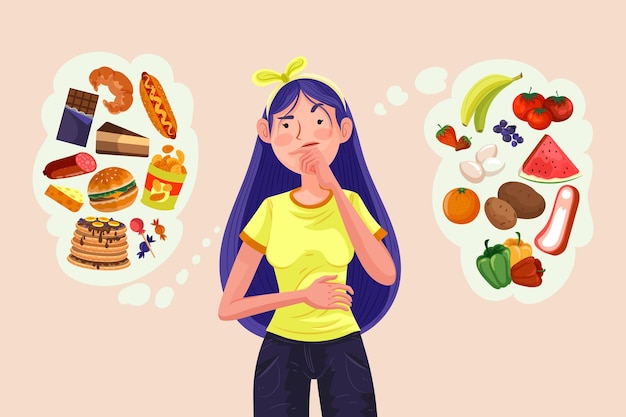 Free vector woman choosing between healthy or unhealthy food