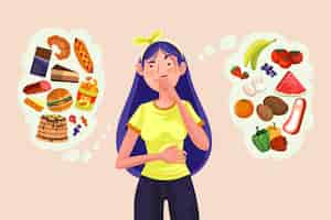 Free vector woman choosing between healthy or unhealthy food