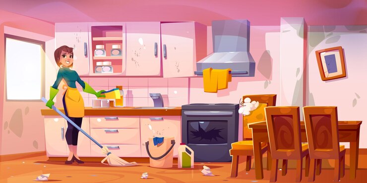 Free Vector woman clean house kitchen vector illustration housewife wash home dining and cooking room with dirty mold interior cute and happy mother or wife character do indoor housework cartoon background