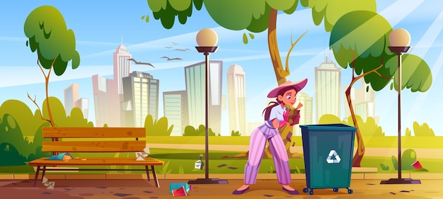 Free vector woman clean up city park girl collect garbage in public garden