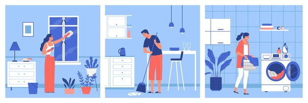 Woman cleaning window while man sweeps floor and another woman washes clothes flat illustration