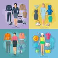 Free vector woman clothes concept square composition of business cocktail beach and casual styles icons set flat