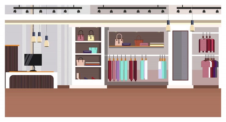 Free Vector woman clothing store interior with checkout counter, bags