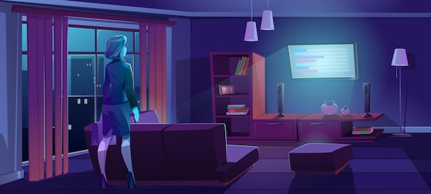 Woman coming home from work and watch tv at night