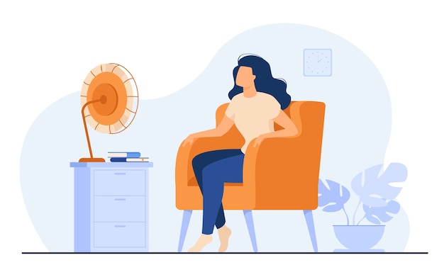 Donna che condiziona l'aria a casa, si sente calda, cerca di raffreddare e si siede su un ventilatore. illustrazione vettoriale per clima estivo, elettrodomestico, stanza di riscaldamento