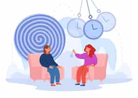 Free vector woman conducting hypnosis session flat vector illustration. girl at session with psychotherapist. psychologist swinging pendulum, putting patient in state of altered mind. mental disorder concept
