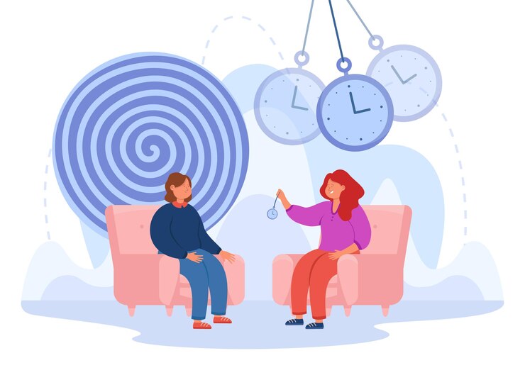 Free Vector woman conducting hypnosis session flat vector illustration. girl at session with psychotherapist. psychologist swinging pendulum, putting patient in state of altered mind. mental disorder concept