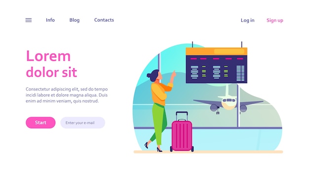 Vettore gratuito scheda digitale di partenza consulenza donna in aeroporto. turista con imbarco in attesa della valigia. viaggio, concetto di vacanza per la progettazione di siti web o una pagina web di destinazione