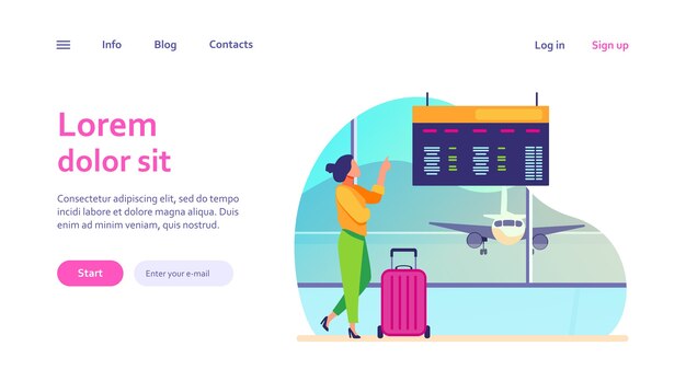 Woman consulting departure digital board in airport. Tourist with suitcase waiting boarding. Travel, vacation concept for website design or landing web page