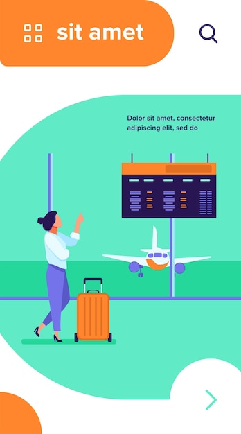 Бесплатное векторное изображение Женщина советует с цифровой доской отъезда в аэропорту. турист с чемоданом ожидания посадки плоский векторные иллюстрации
