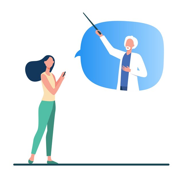 Woman consulting doctor online. Patient with phone, senior physician in speech bubble flat vector illustration. Internet, medical consultation