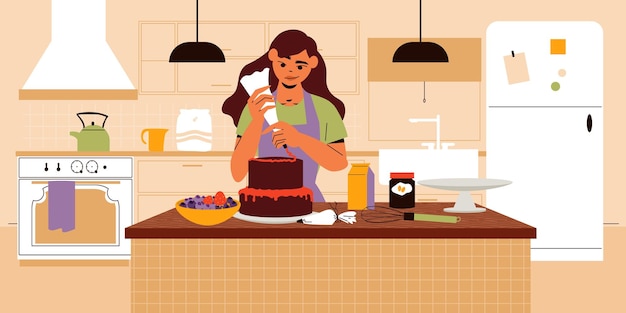 woman cooking at home decorating cake with berry cream flat vector illustration