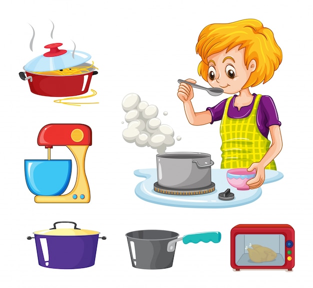 Woman cooking and other equipment illustration