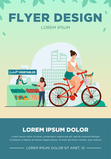 Woman cycling and buying fresh vegetables. Lifestyle, bike, market flat vector illustration. Healthy food and activity concept 