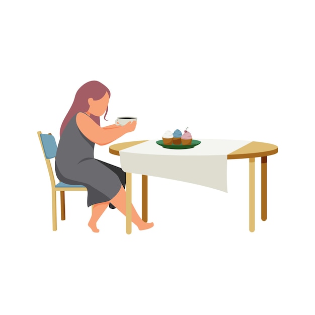 Free vector woman daily routine flat composition with character of girl drinking coffee at table with sweet cupcakes vector illustration