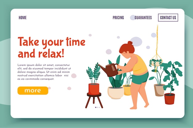 無料ベクター リンク付きの花に水をまく女性キャラクターとウェブサイトのランディングページの女性の日常のフラットイラスト