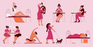 Woman daily routine set with isolated icons with doodle style female characters during various everyday activities illustration