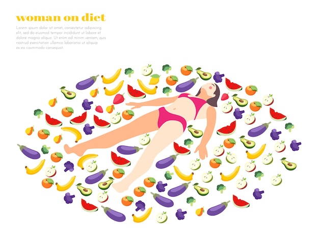 과일의 원에 누워 여성 캐릭터와 다이어트 아이소 메트릭에 여자
