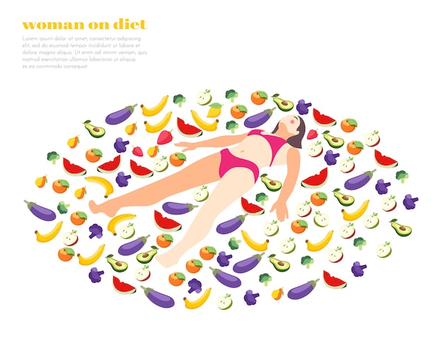 Woman on diet isometric with female character lying in circle of fruits
