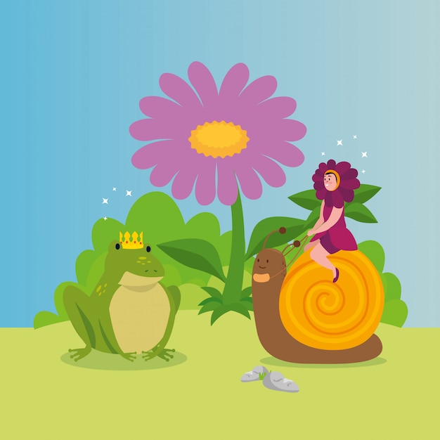 Free vector woman disguised flower with animals in scene fairytale