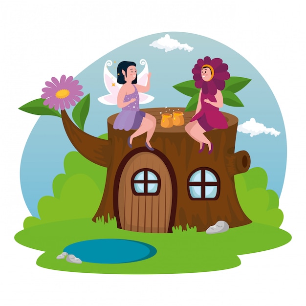 Free vector woman disguised flower with fairy in scene magic