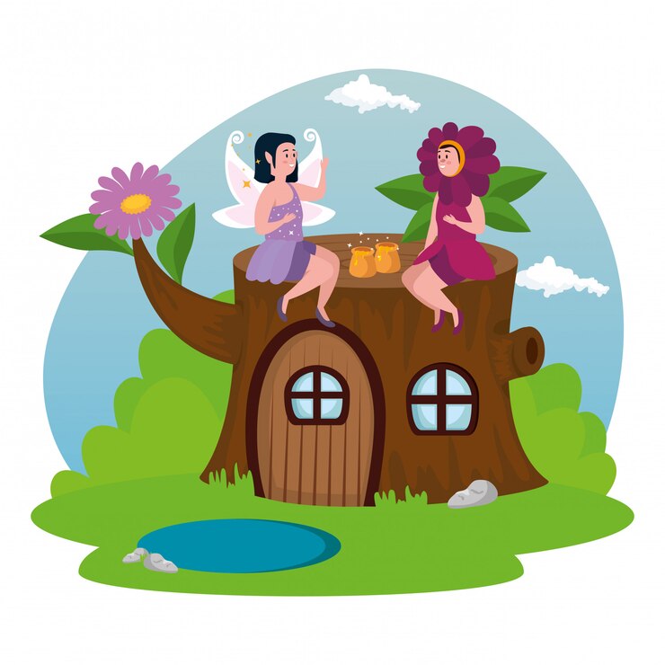 Free Vector woman disguised flower with fairy in scene magic