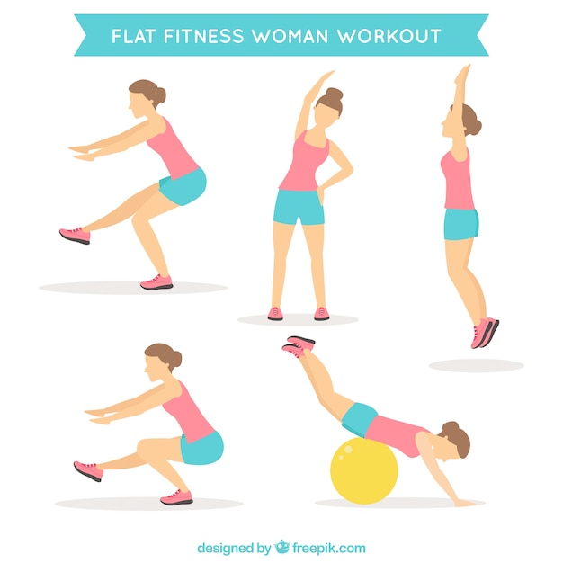 Женщина делает различные упражнения в плоской конструкции