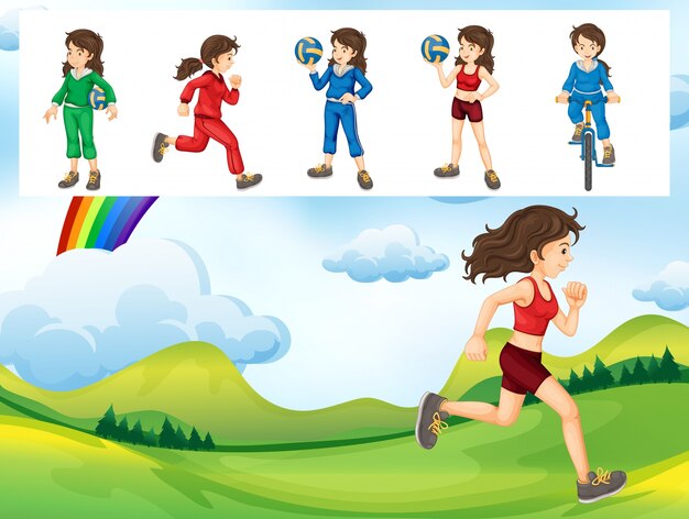 Woman doing different kinds of sports illustration