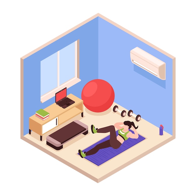 Free vector woman doing fitness at home with various sports equipment isometric 3d vector illustration