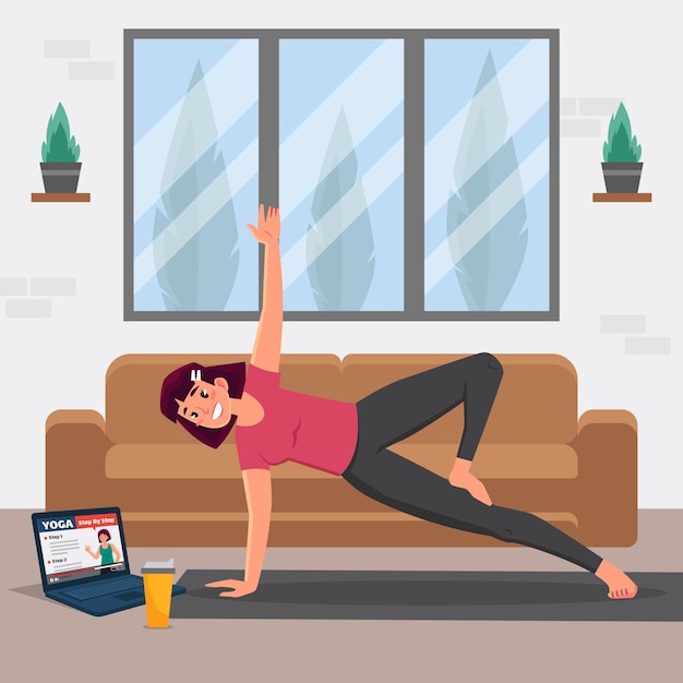 Free vector woman doing yoga in her house