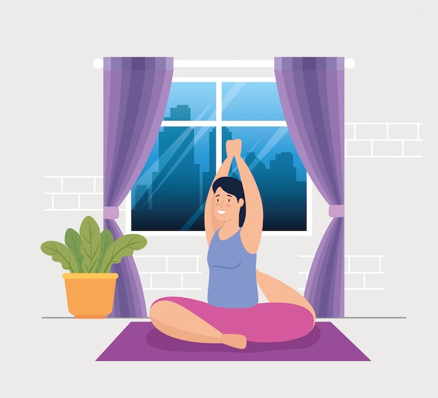 Woman doing yoga in the house vector illustration design