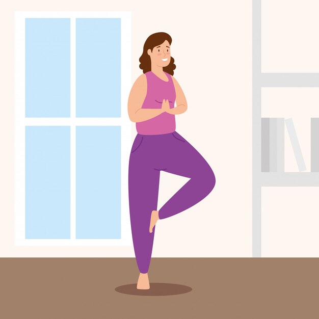 woman doing yoga in the house vector illustration design