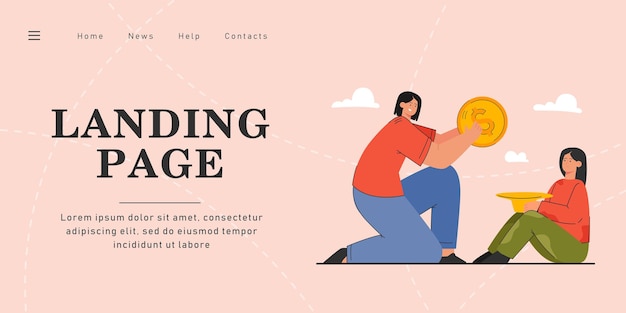 Woman donating money to poor girl. flat vector illustration. female character putting giant gold coin in hat that little girl holding. charity, donation, money concept for banner design, landing page