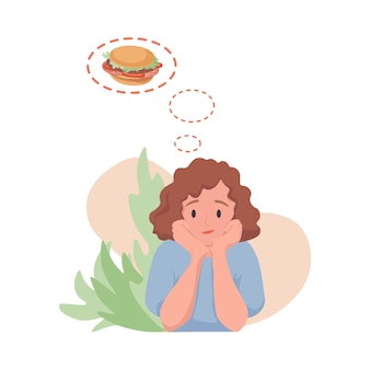 ハンバーガーフラット漫画イラストを夢見ている女性 ファーストフードを食べたい空腹の女性 プレミアムベクター ハンバーガーフラット漫画イラストを夢見ている女性 ファーストフードを食べたい空腹の女性 プレミアムベクター